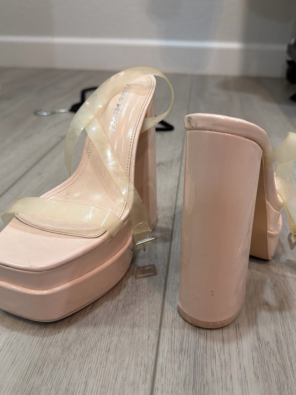 Public Desire Blush Platform Block Heels with Clear Straps
